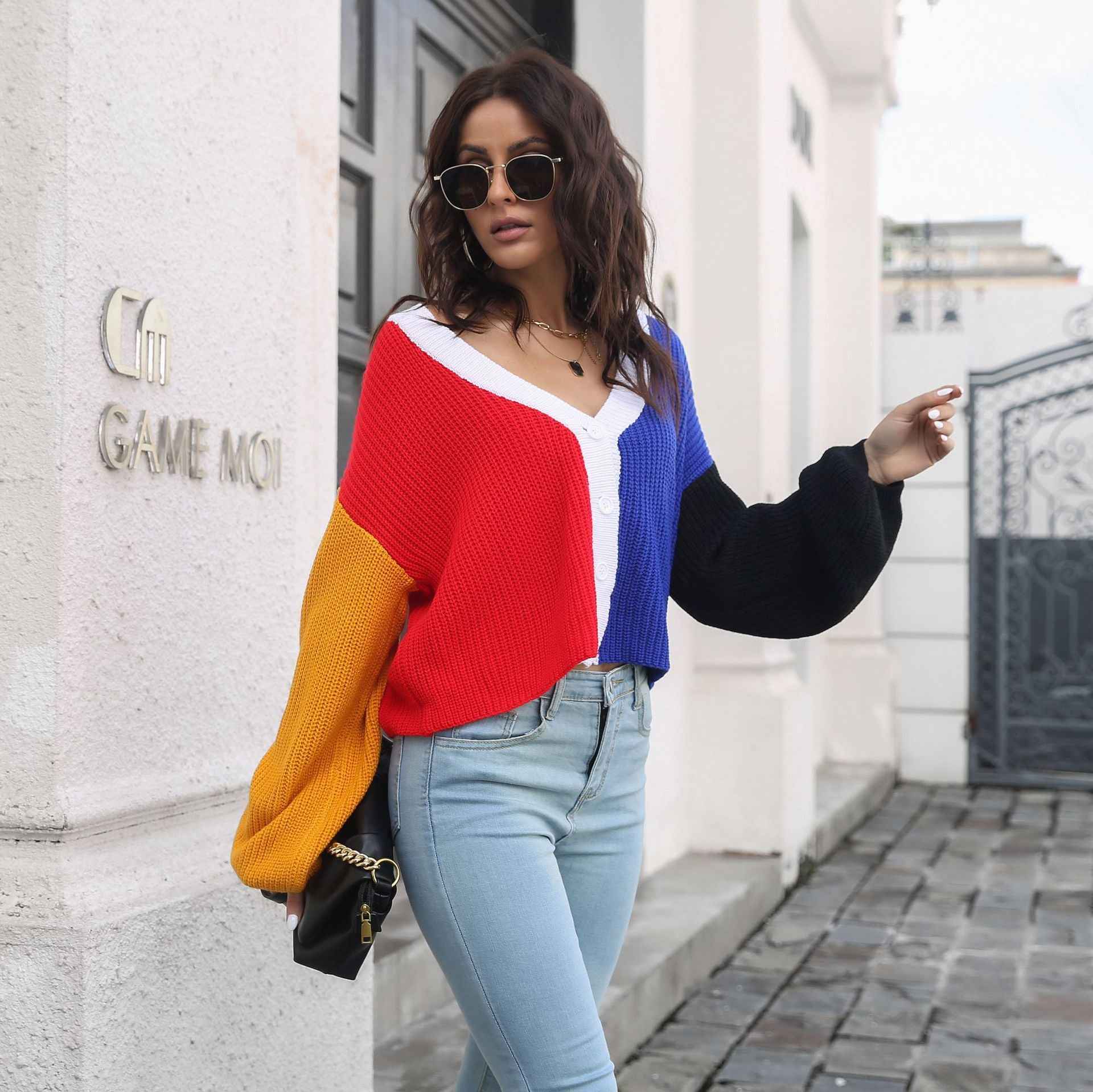 Knitted Cardigan Contrast Color Sweater