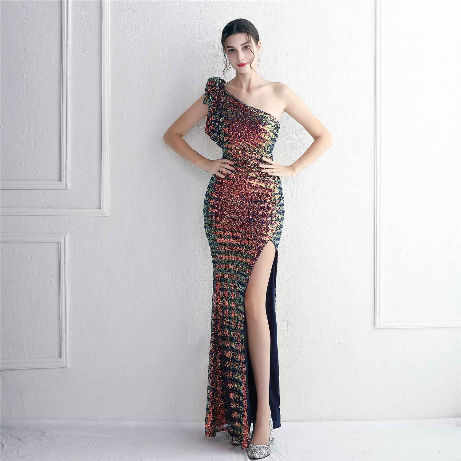 Sequined One Shoulder Appreciation Dinner Slim Fit Fishtail Wedding Dress