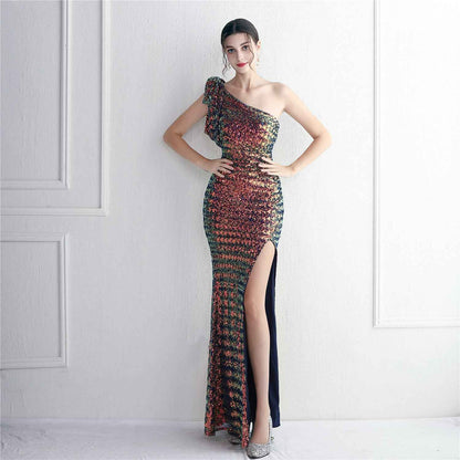 Sequined One Shoulder Appreciation Dinner Slim Fit Fishtail Wedding Dress