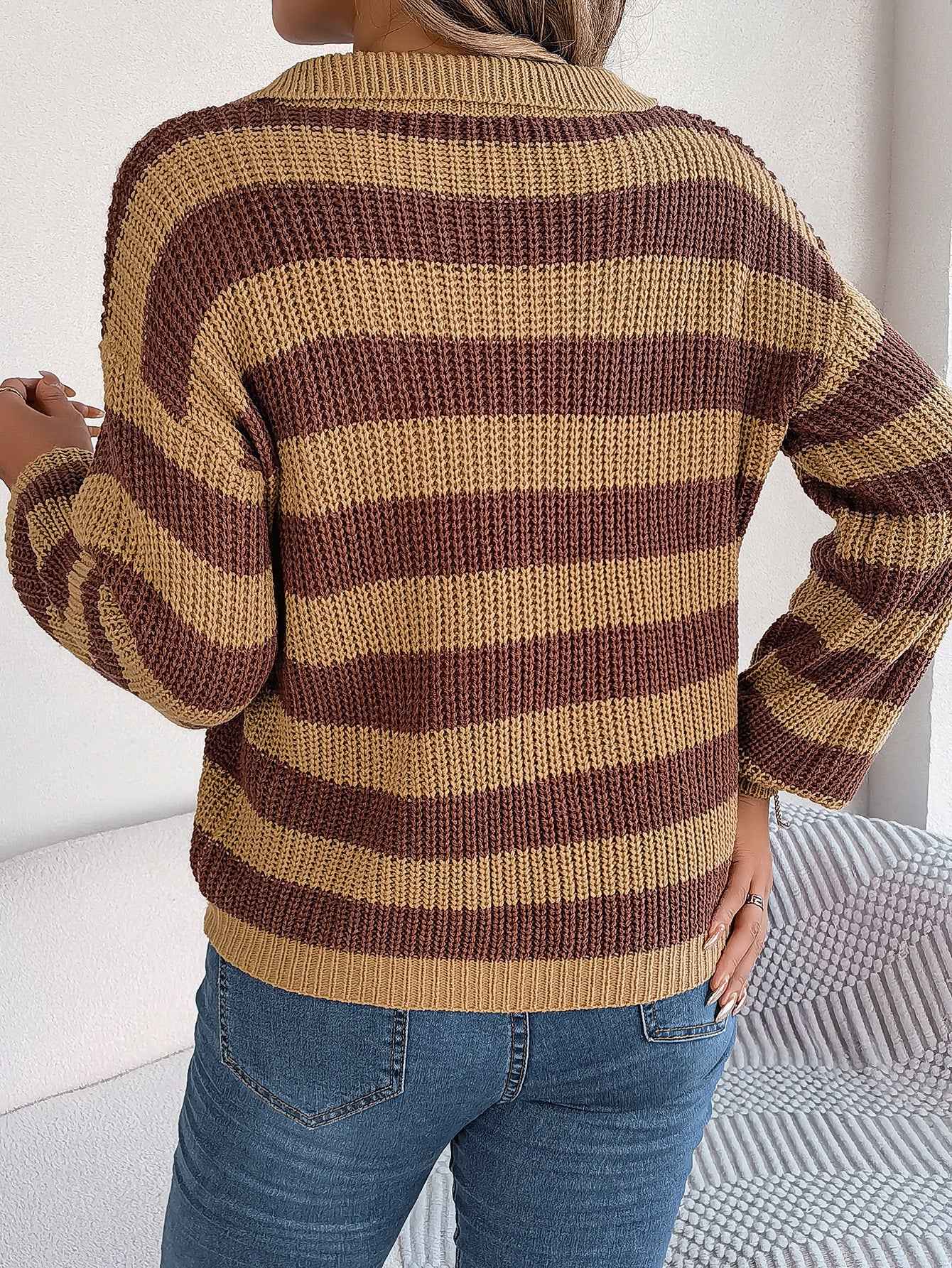 Casual Collar Contrast Color Long Sleeve Knitted Pullover Sweater