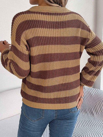 Casual Collar Contrast Color Long Sleeve Knitted Pullover Sweater
