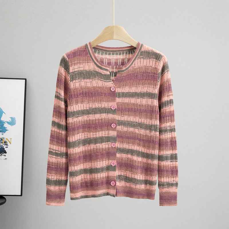 Striped Long Sleeved Loose Knitted Cardigan Sweater