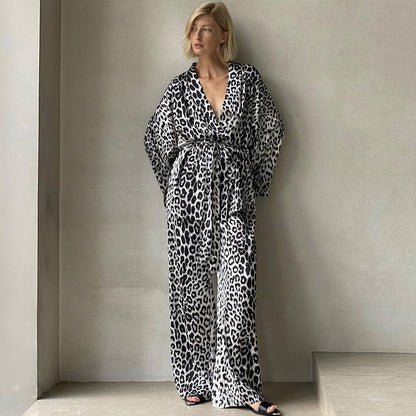Women's Leopard Print Long-sleeved Jumpsuit Two-piece Set