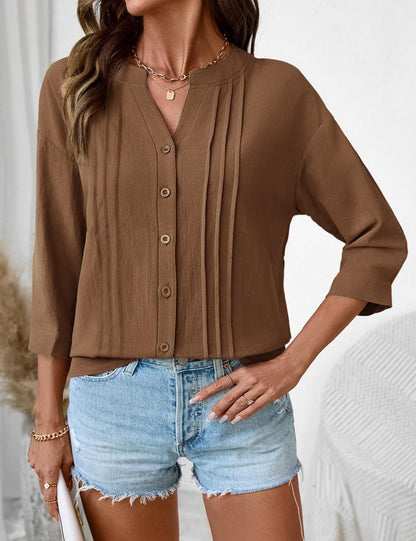 Half Open Collar Single Breasted Pleated Cropped Sleeve Blouse
