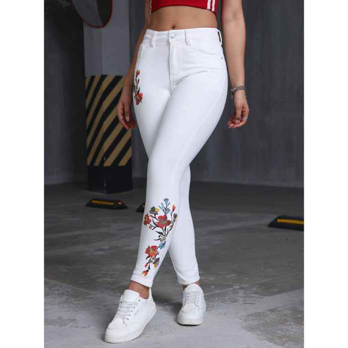 Floral Embroidered Casual Women's Denim Skinny Jeans