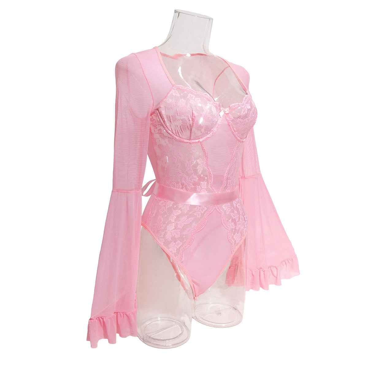 Lace Stitching Elastic Mesh Flared Bodysuit