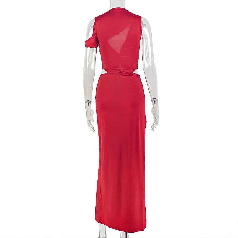 Solid Color Asymmetric  Pleated Dress