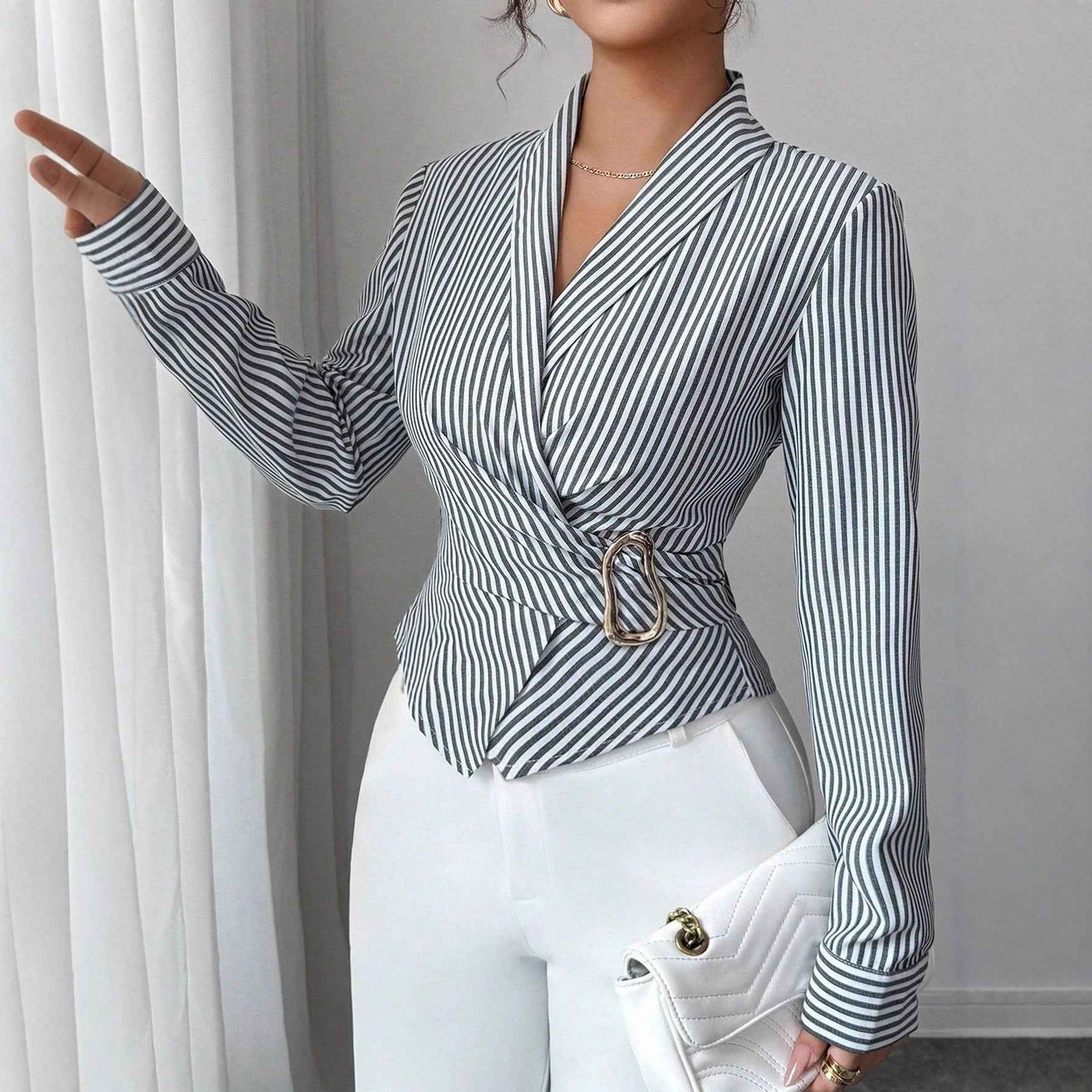 Irregular Asymmetric Metal Special Shaped Button Blouse