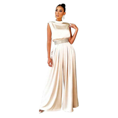Solid Color Turtleneck Sleeveless Fitted Waist Jumpsuit No Belt