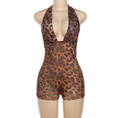 Summer Style Women's Sexy Deep V Plunge Backless Halter Butt Lifting Leopard Print Romper