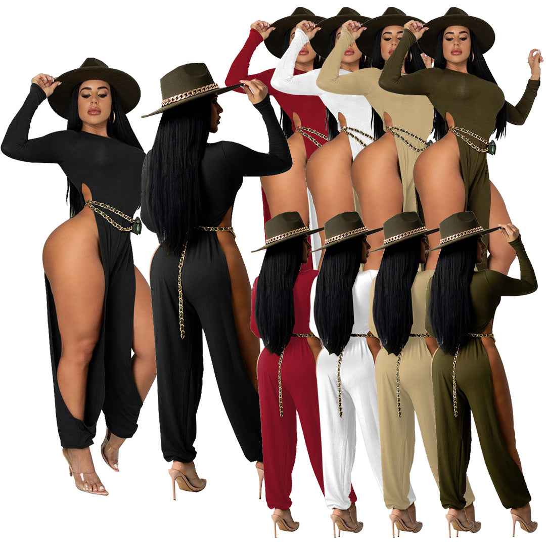 Sexy Open-Leg Jumpsuit Solid Color