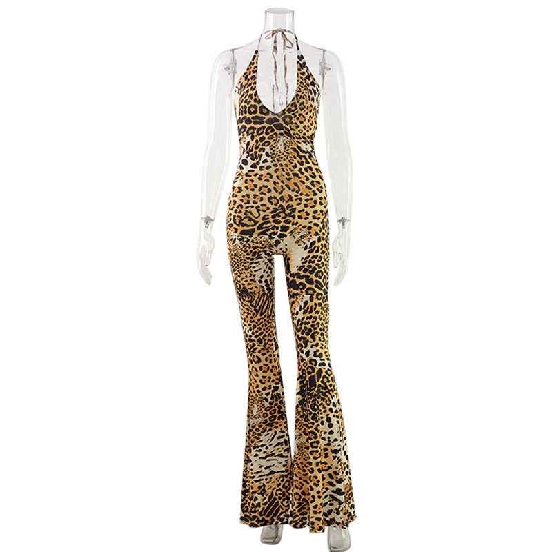 Leopard Print Sexy Cross Halter Cutout out Bare Back Jumpsuit