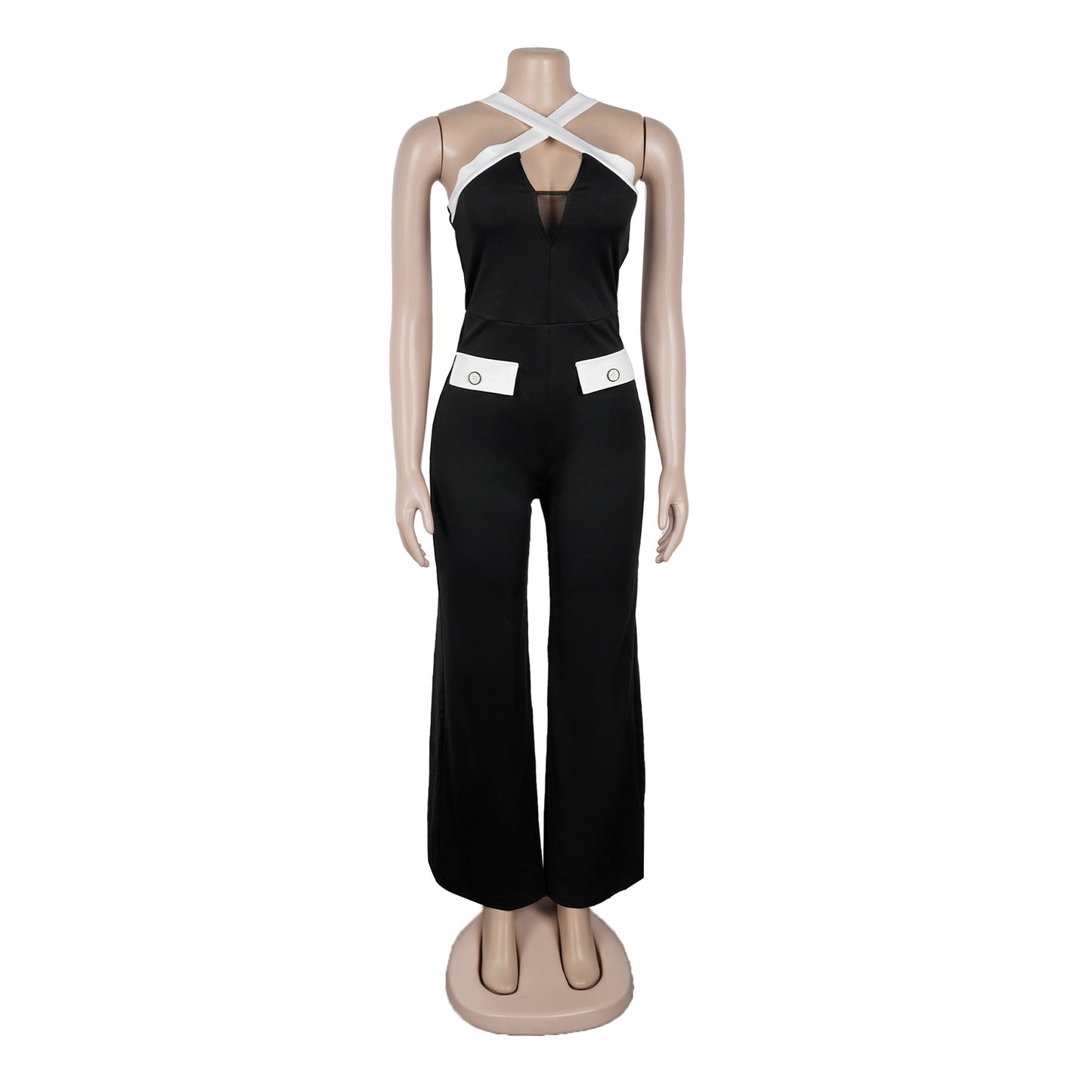 Elegant Office Contrast Color Cross Strap Jumpsuit