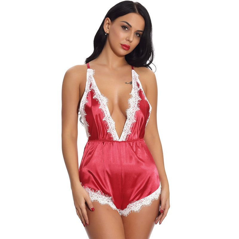 One Piece Pajamas Back Cutout out Sleepwear (Red)