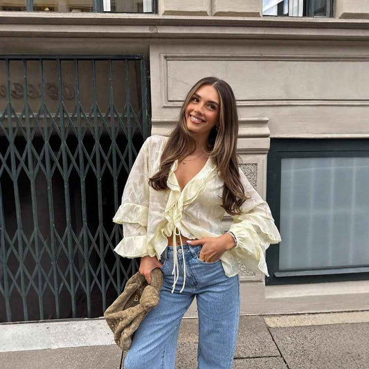 French Ruffled Cardigan Blouse