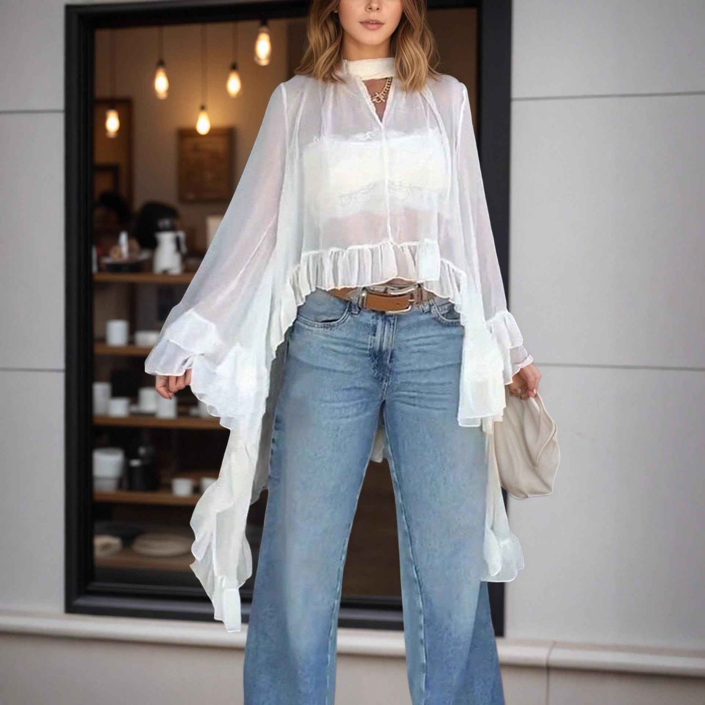 See through Ruffled Long Sleeve Blouse for Women