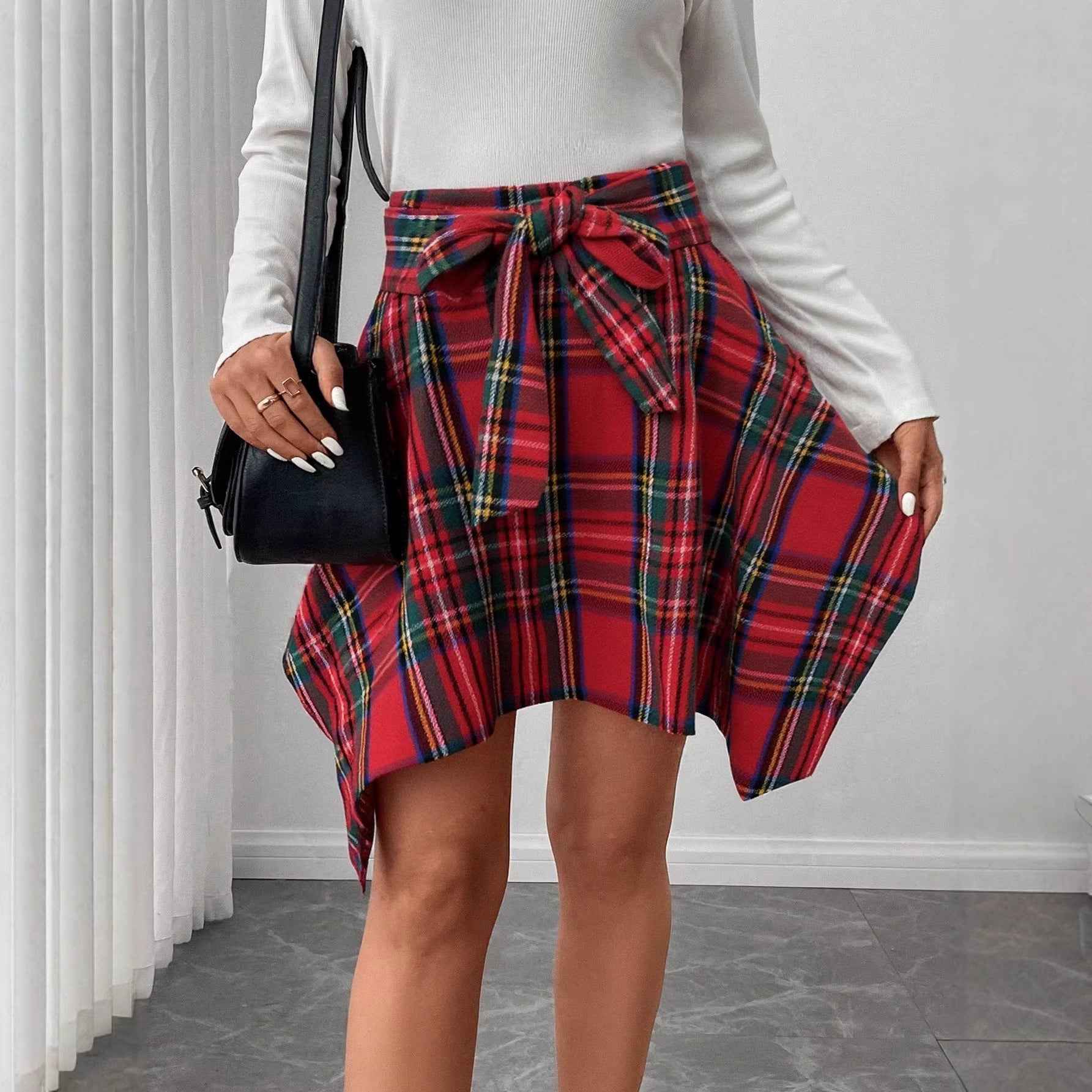 Asymmetric Hem Skirt Plaid Bow Bandage Mini Skirt
