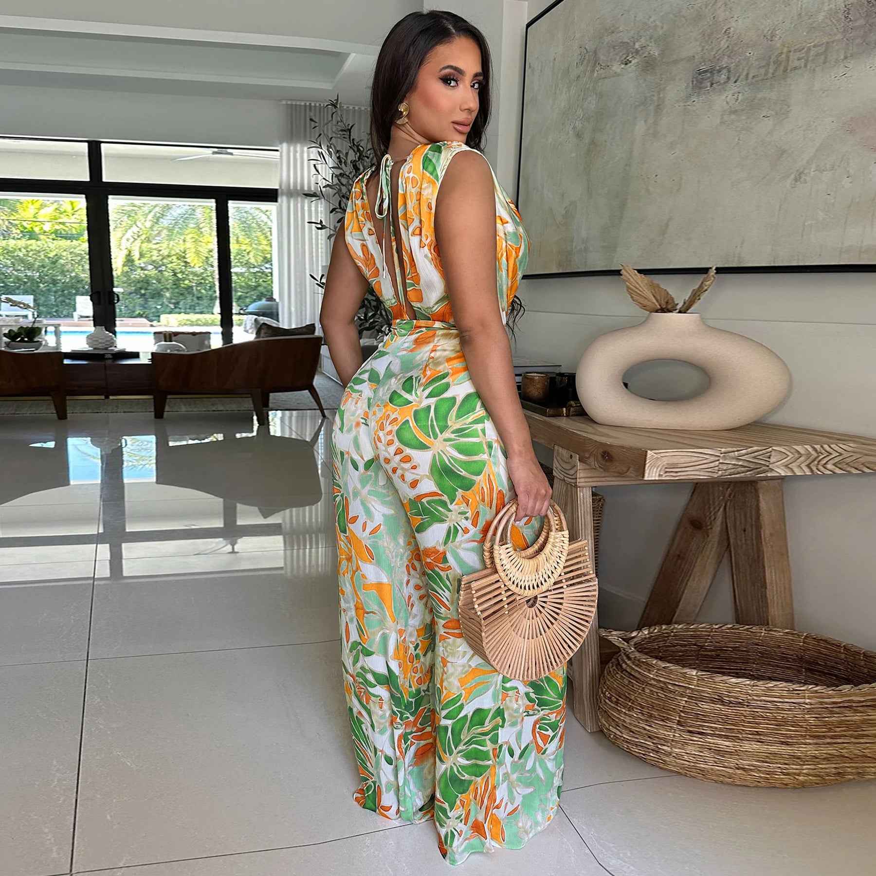 Sleeveless Lace up Wide Leg Printed Jumpsuit