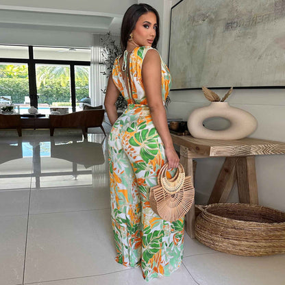 Sleeveless Lace up Wide Leg Printed Jumpsuit