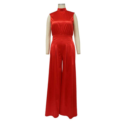Solid Color Turtleneck Sleeveless Fitted Waist Jumpsuit No Belt