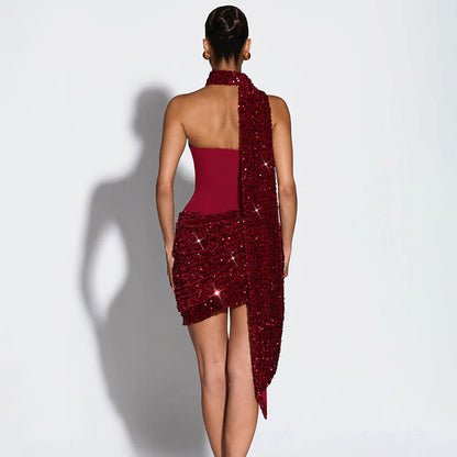 Halter Ribbon Asymmetric Pleated Draped Mini Dress