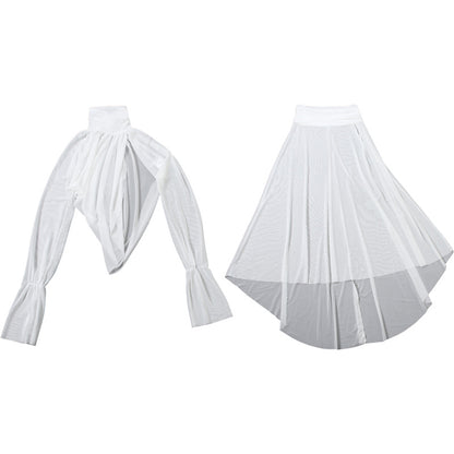 See through Turtle Bell Sleeve Split Skirt Set