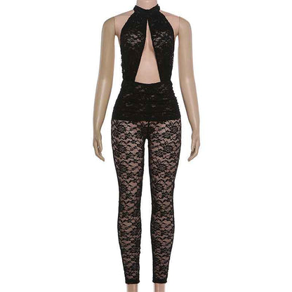 Sexy Lace Stitching Halter Backless Slim Fit Jumpsuit
