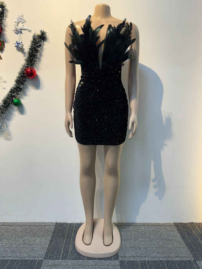 Sequin Deep V Plunge Feather Dress MUNSIEUR