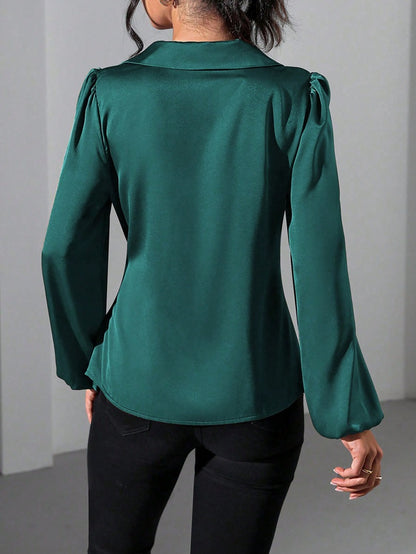 Long Sleeved Satin Lace up Cinched Blouse