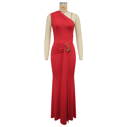 Women Metal Decoration Sexy Backless Dress One Shoulder Slim Dress