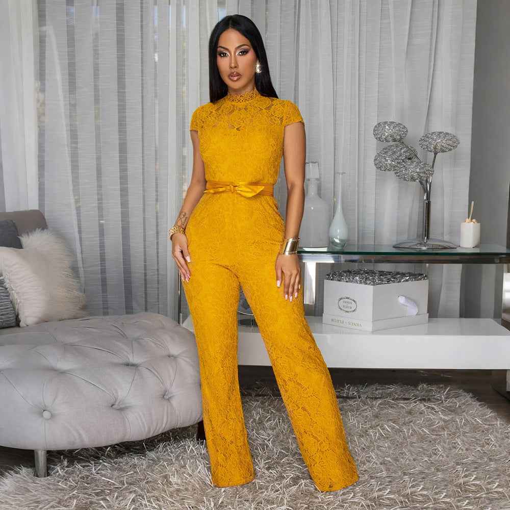 Round Neck Short Sleeve Lace Jumpsuit Wide Leg Pants Women Solid Color Trousers