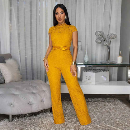 Round Neck Short Sleeve Lace Jumpsuit Wide Leg Pants Women Solid Color Trousers