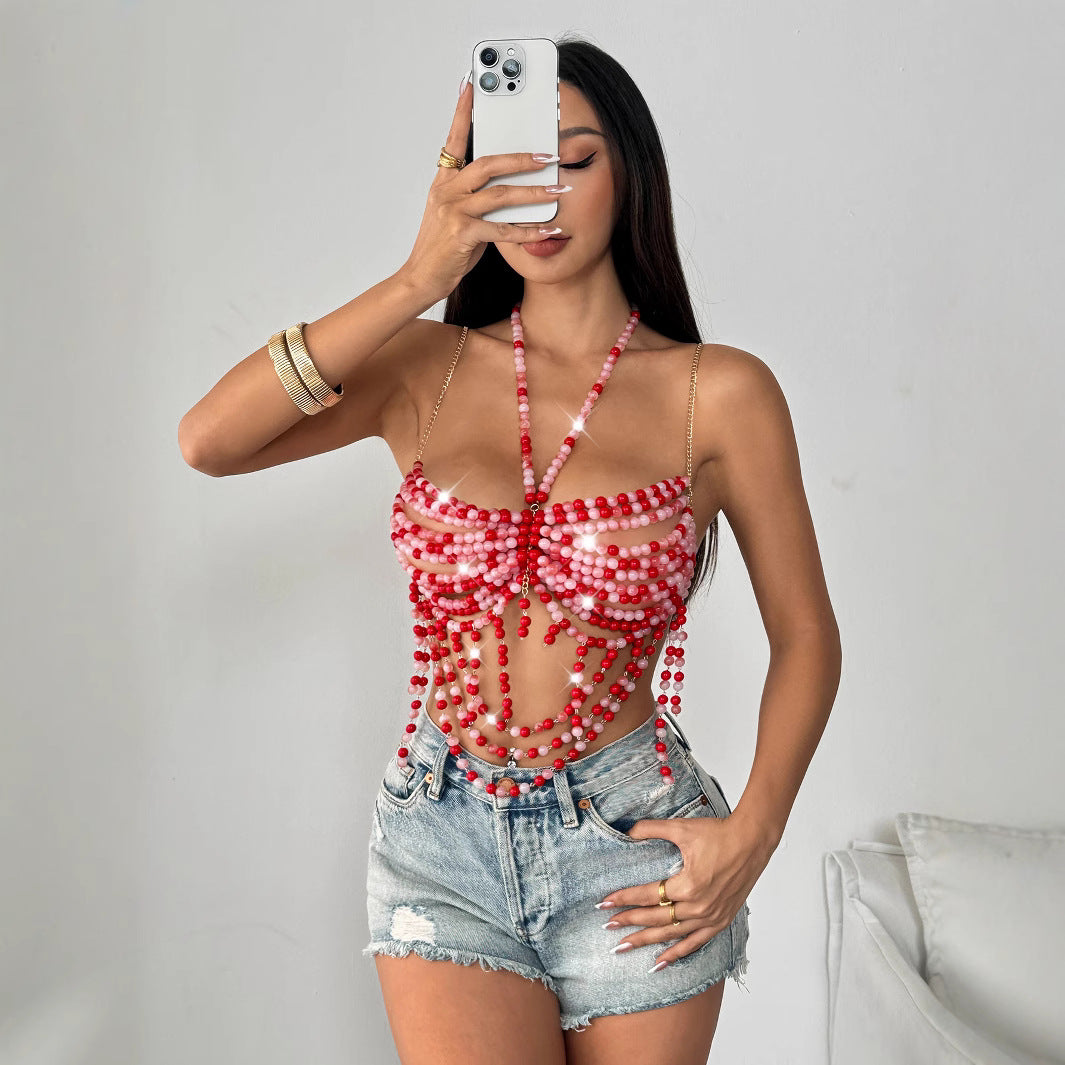 Multi Layer Pearl Halter Out Camisole T-shirt