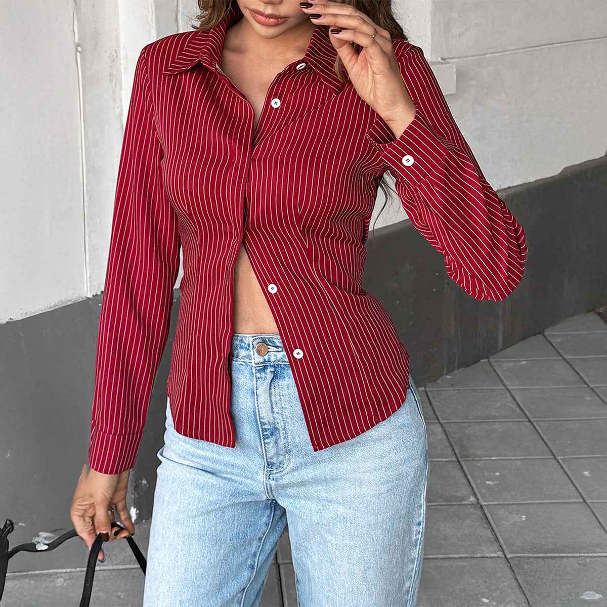 Casual Polo Collar Striped Blouse