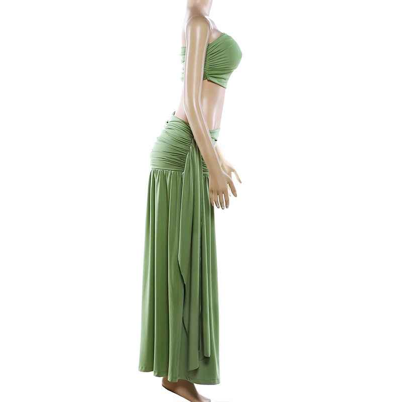 Spring Sexy Solid Color Tube Top Vest Slim Ribbon Pleated Skirt Sets