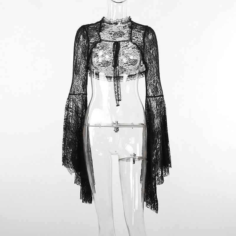 Gothic Classic Lace Cover Ups Women Mesh Crop Top See Through Sexy Flare Sleeve Blouse Y2k Black Rave Outfit Festival