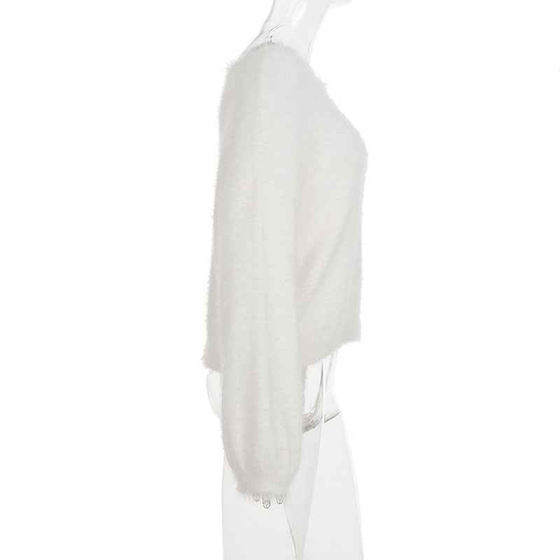Mink Fur off Shoulder Solid Color Pullover Sweater