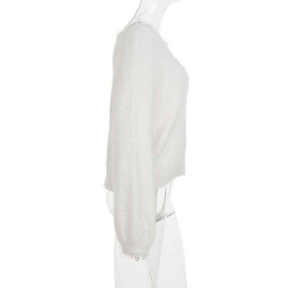 Mink Fur off Shoulder Solid Color Pullover Sweater