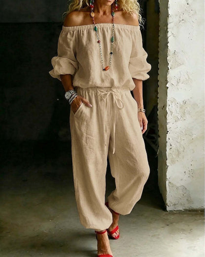 Summer Off Shoulder Top Casual Drawstring Jumpsuit for Women