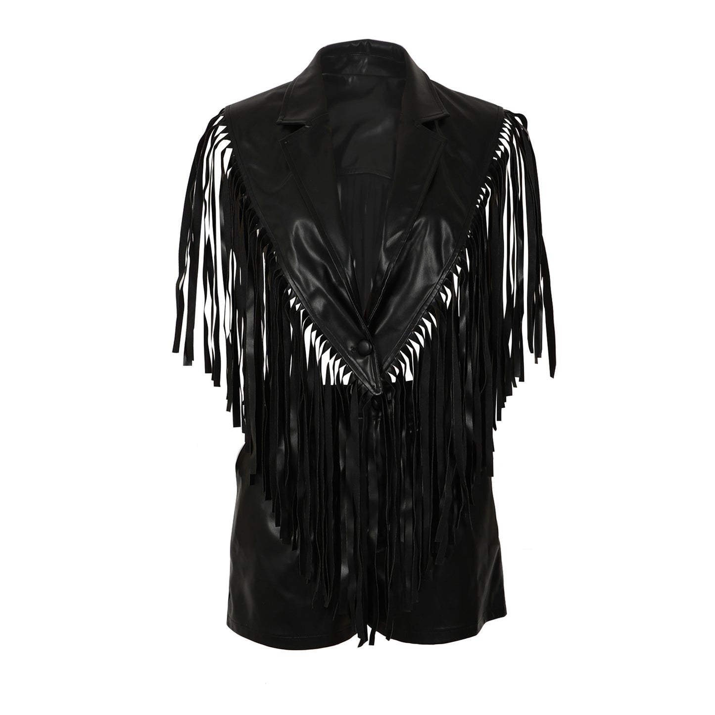 MUNSIEUR PU Leather Sleeveless Tassel Top Two Piece Bottoms Set