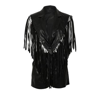 MUNSIEUR PU Leather Sleeveless Tassel Top Two Piece Bottoms Set