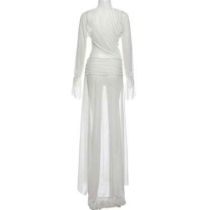 See through Turtle Bell Sleeve Split Skirt Set