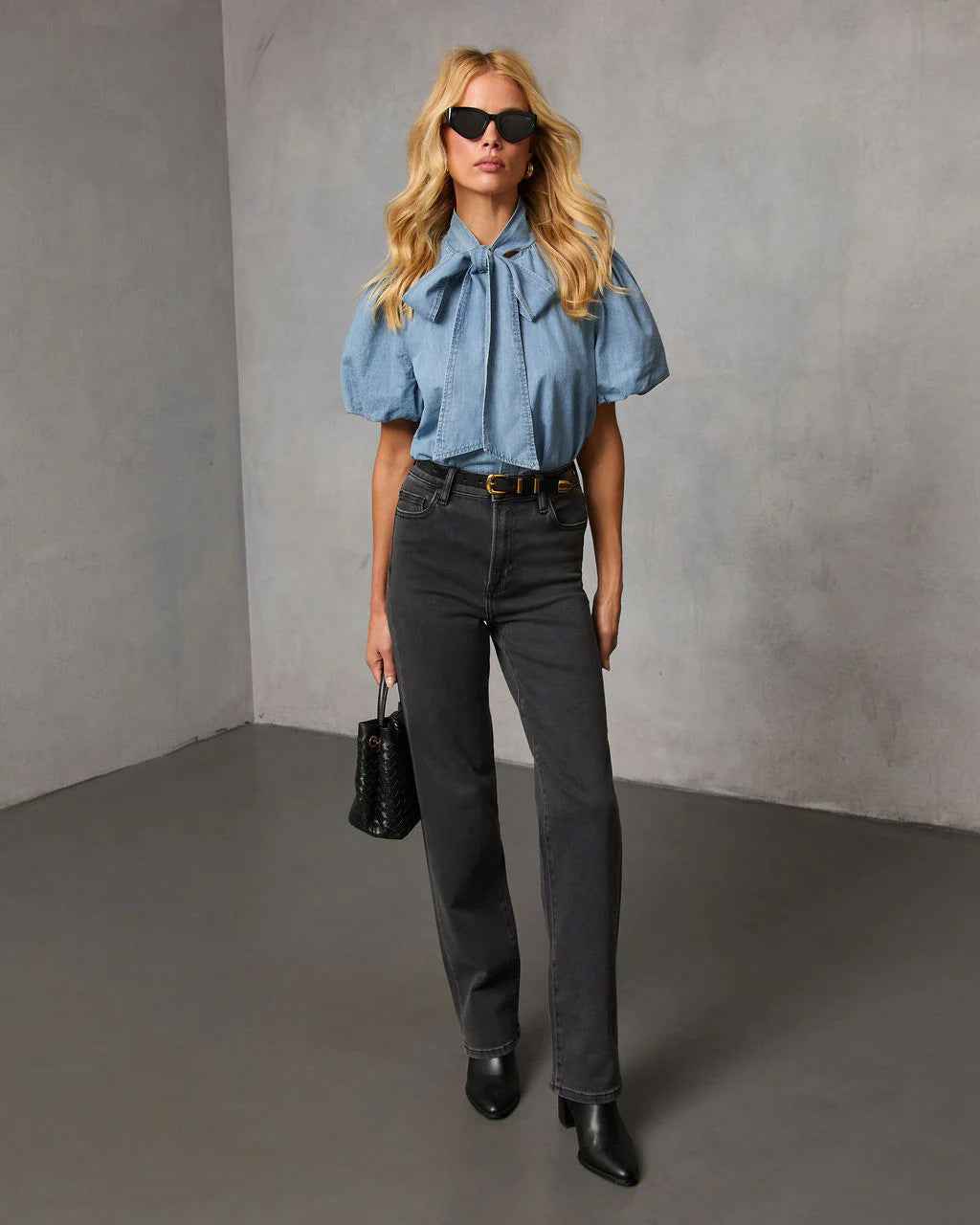 Spring Retro Lace up Denim Blouse