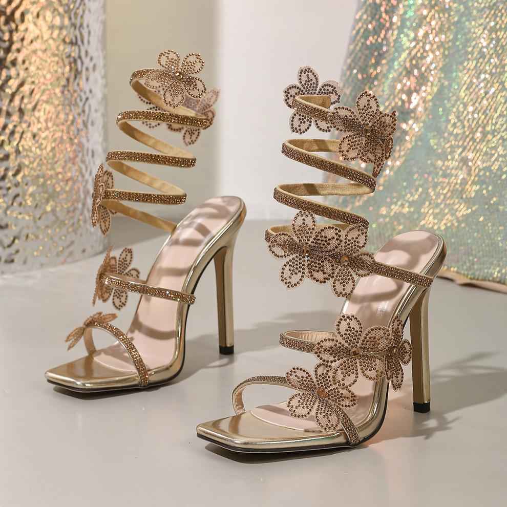 Heels Rhinestone Shiny Diamond Floral Stiletto