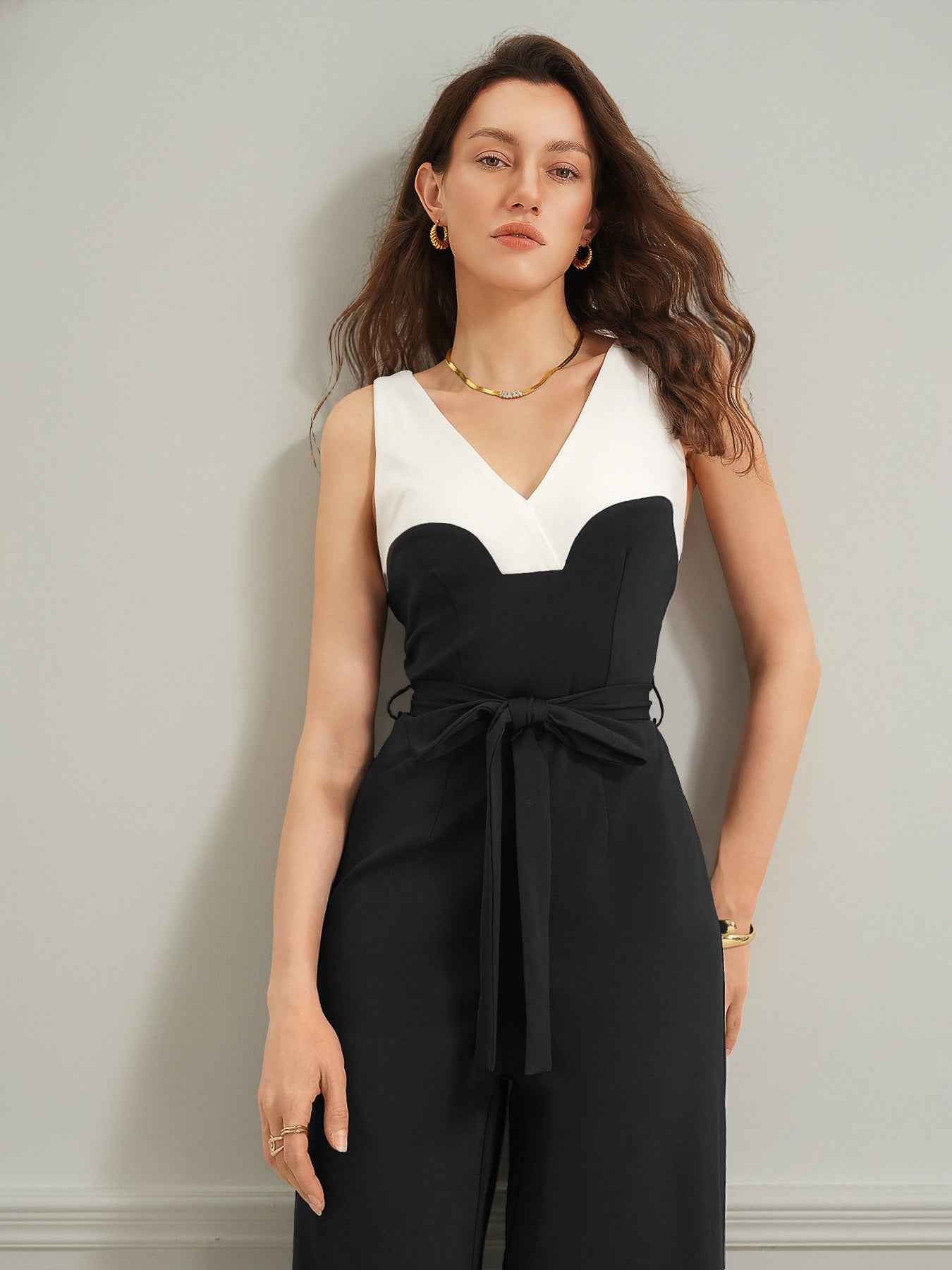 Elegant Black White Color Contrast Patchwork Sling Jumpsuit