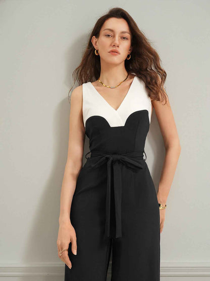 Elegant Black White Color Contrast Patchwork Sling Jumpsuit