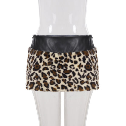 Leopard Fur Stitching Leather Hip Skirt Two Piece Set