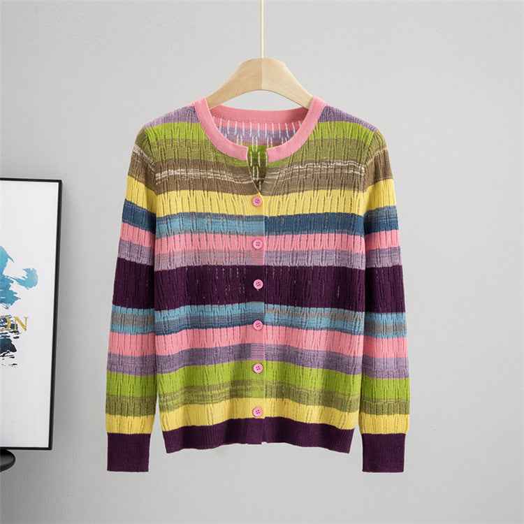Striped Long Sleeved Loose Knitted Cardigan Sweater