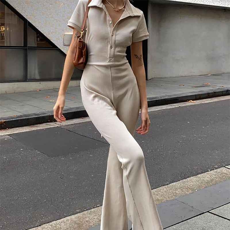 Backless Collared Button Jumpsuit