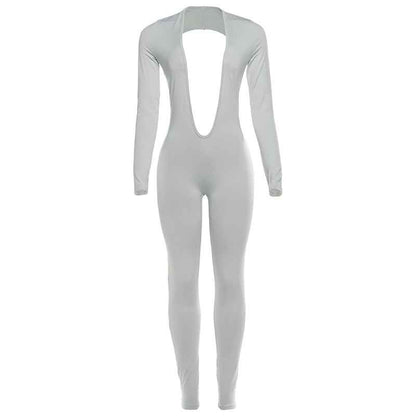 Backless Deep V Plunge Long Sleeve Solid Color Jumpsuit